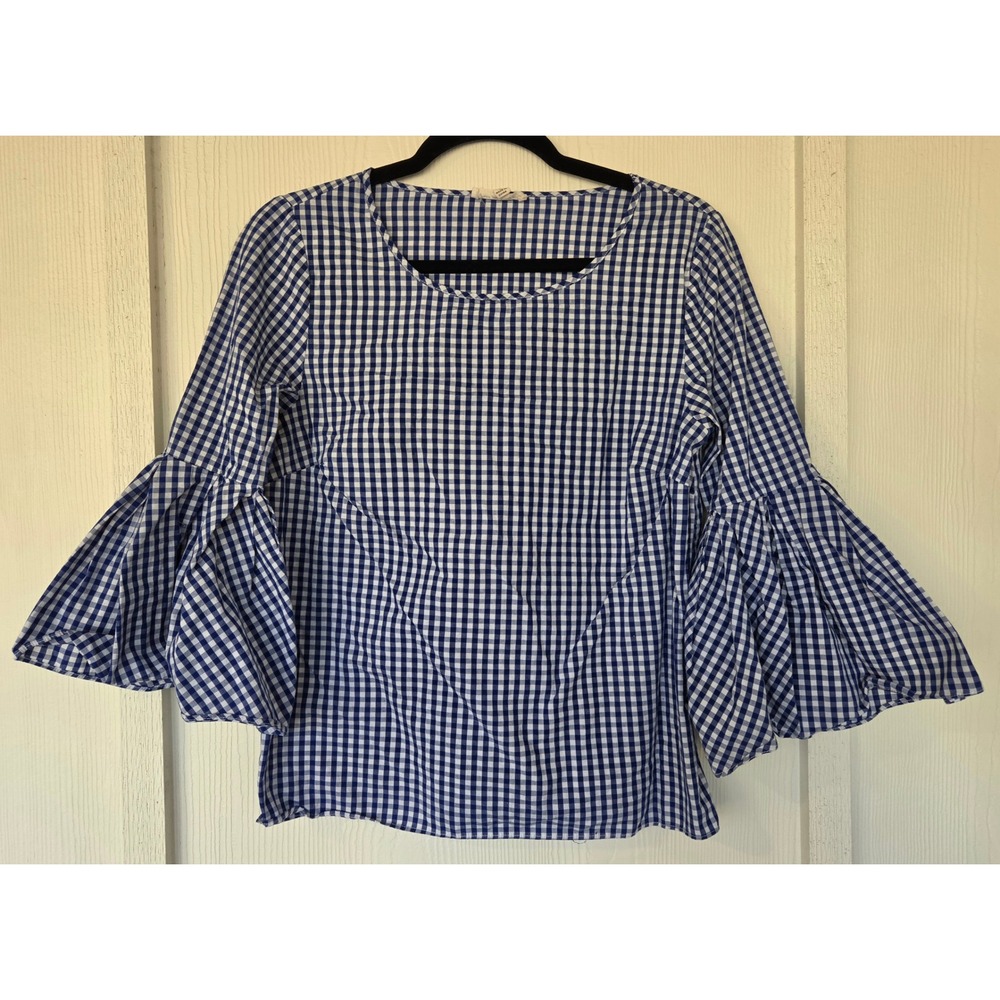 Gingham Bell Sleeve Cotton Blouse S Milkmaid Cottagecore Peasant Prairie Fairy